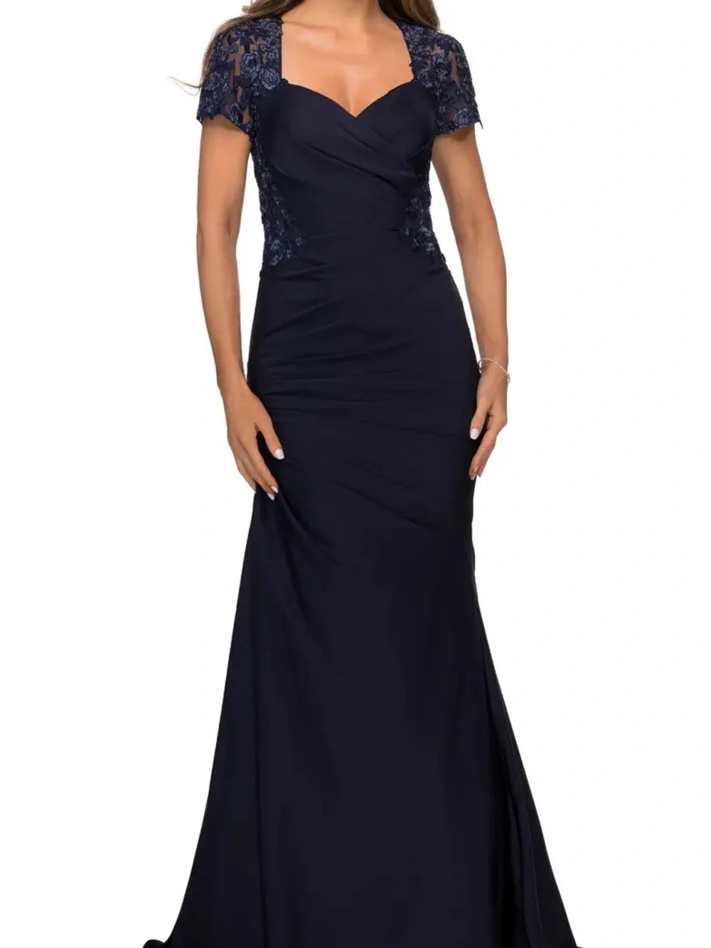La Femme Navy Blue Lace Back Satin Trumpet Gown Size 6